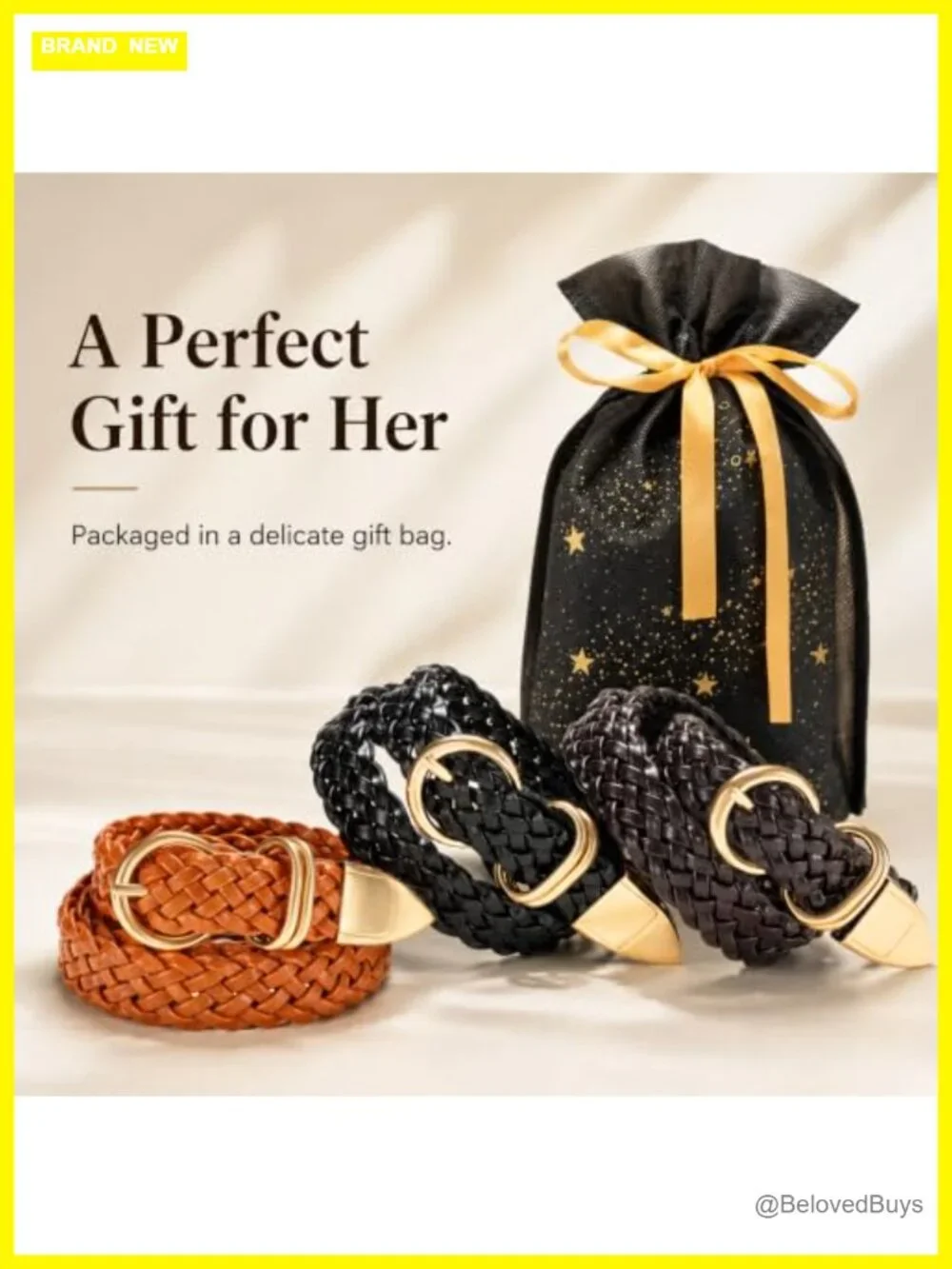 Boho Woven Faux Leather Belt with Gold Buckle for Dresses
